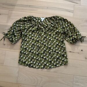 NWOT Ann Taylor LOFT Olive Geo Floral Peasant Blouse M